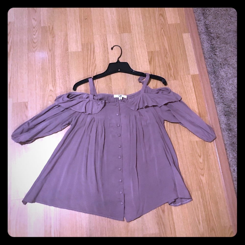 Taupe colored off the shoulder blouse